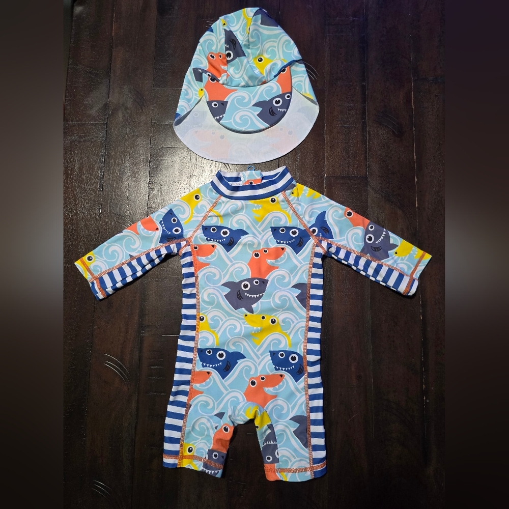 Kids One Piece Swimsuit with Hat - Blue and Orange